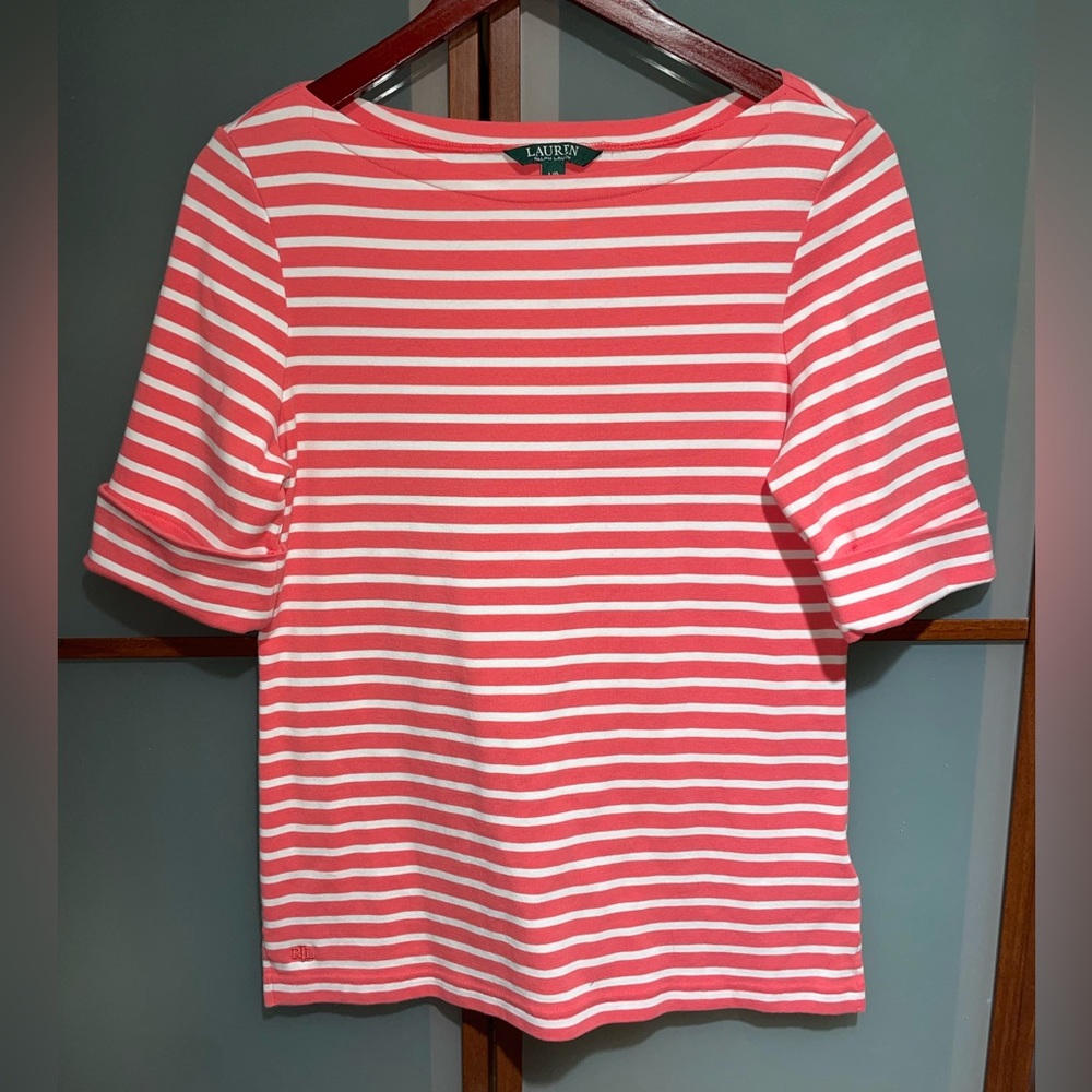 Ralph Lauren LRL Womens Pink & White Striped Knit Nautical Shirt Tee Top Size L